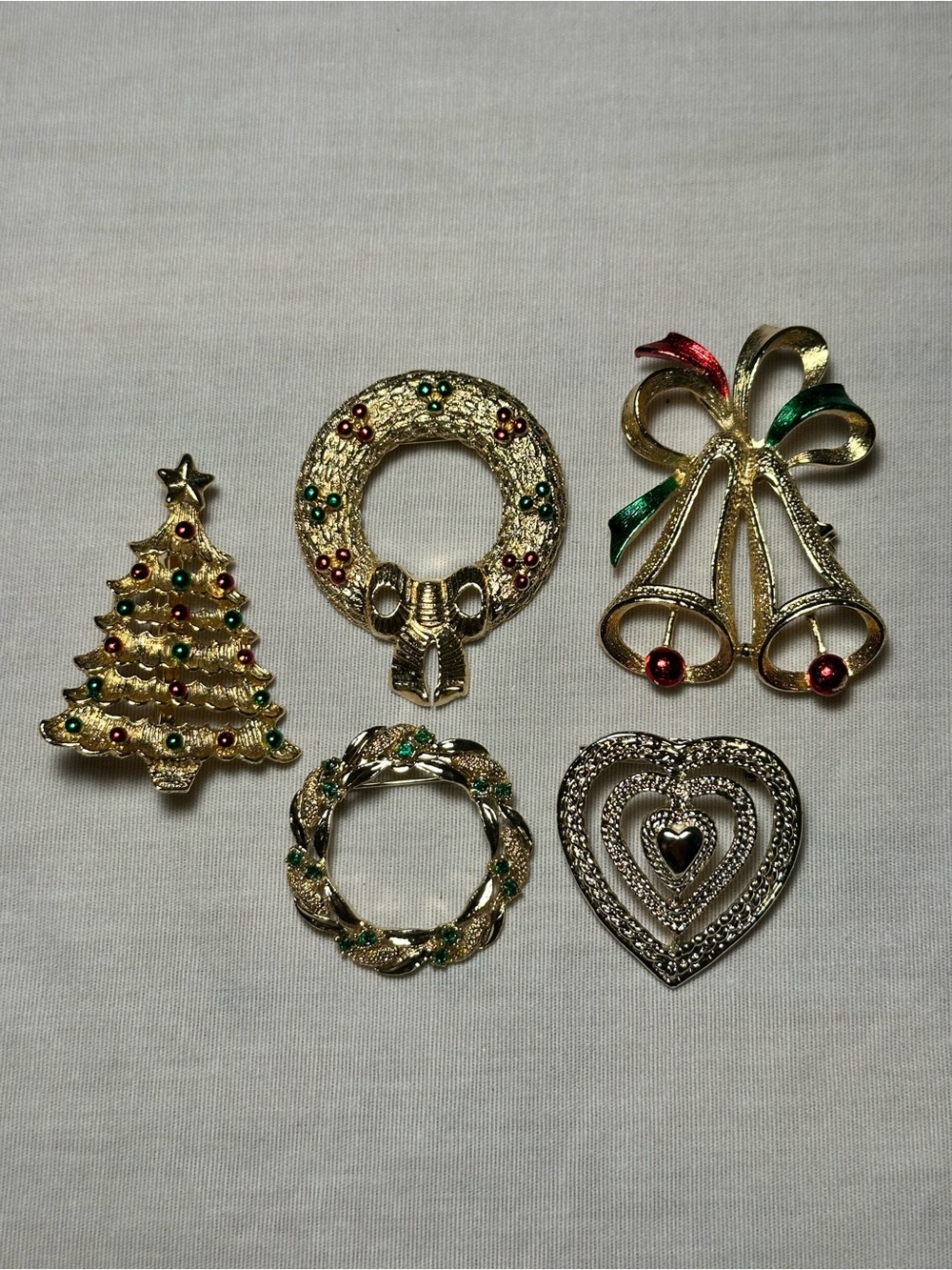 Gold-Tone Holiday Brooch Set with Red & Green Accents